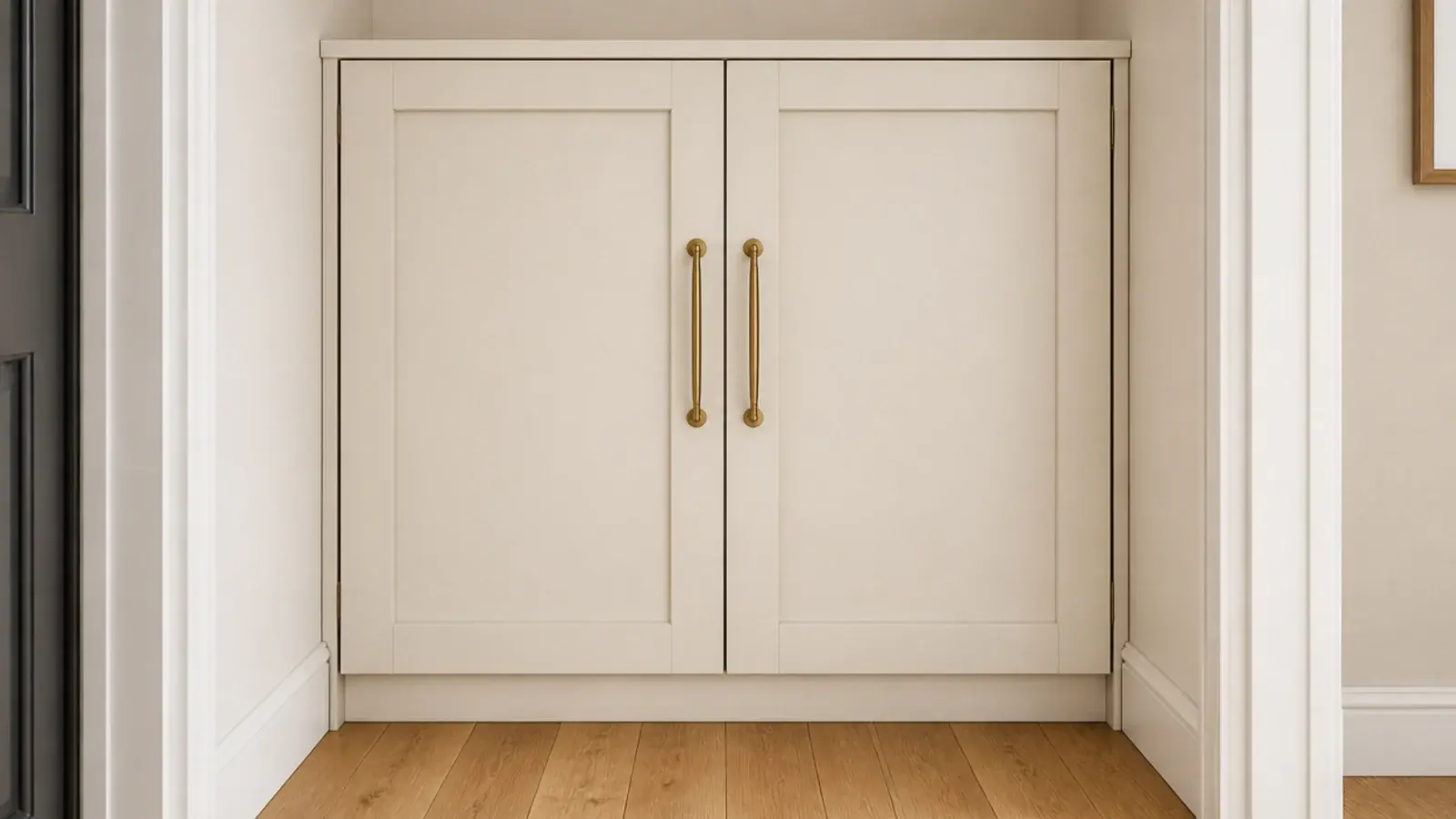 shoe cabinet fitted exactly between two walls of a small entryway