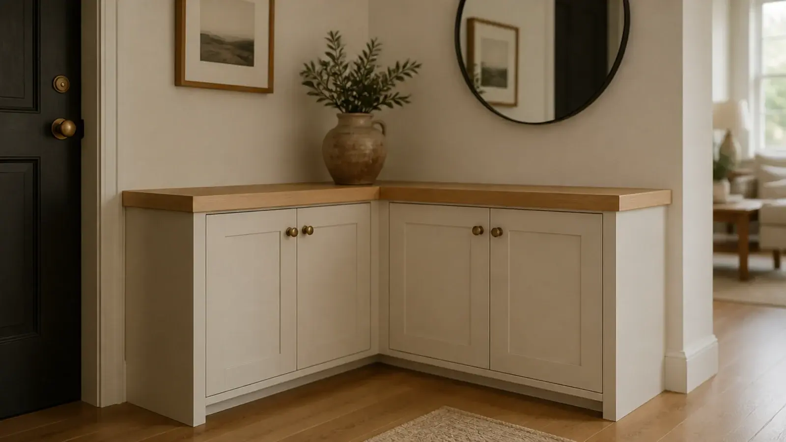 two shoe cabinets meeting in an L around the corner of an entryway
