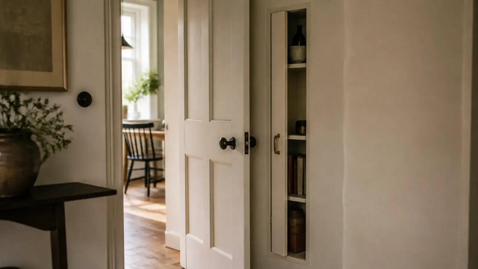 narrow shoe cabinet in the wall pocket behind an open entry door
