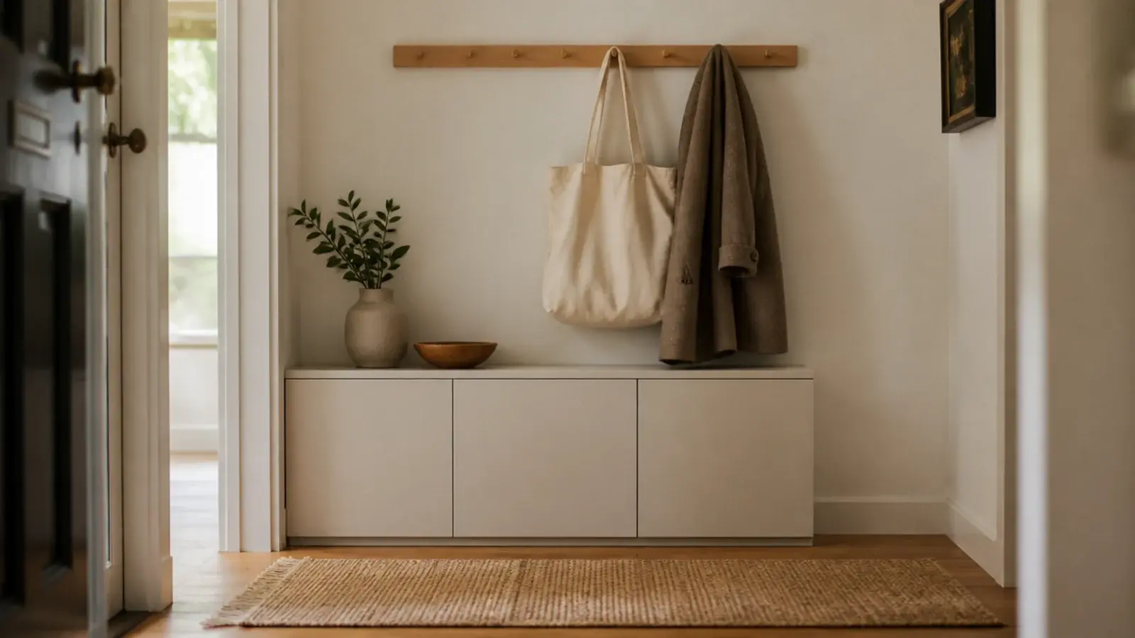 coat hooks mounted above a low shoe cabinet in a small entry