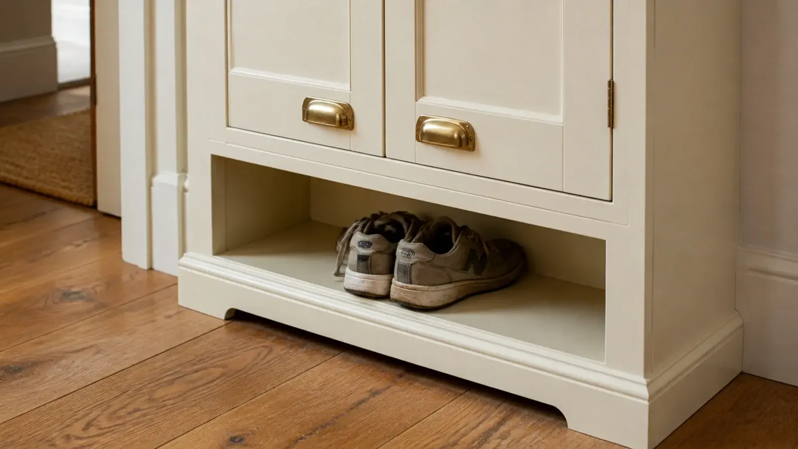 small entryway cabinet with one open bottom bay holding daily sneakers