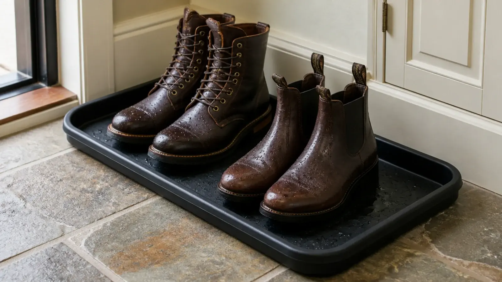 raised lip tray of damp boots beside a closed small entryway cabinet