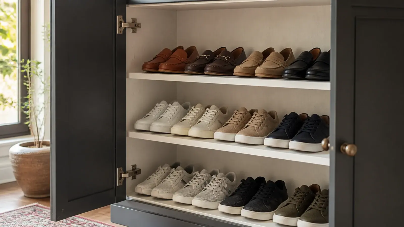 pale painted interior inside an open small entryway shoe cabinet