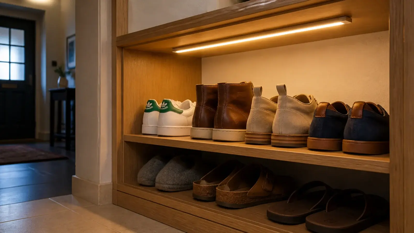 warm sensor strip light glowing inside a small entryway shoe cabinet