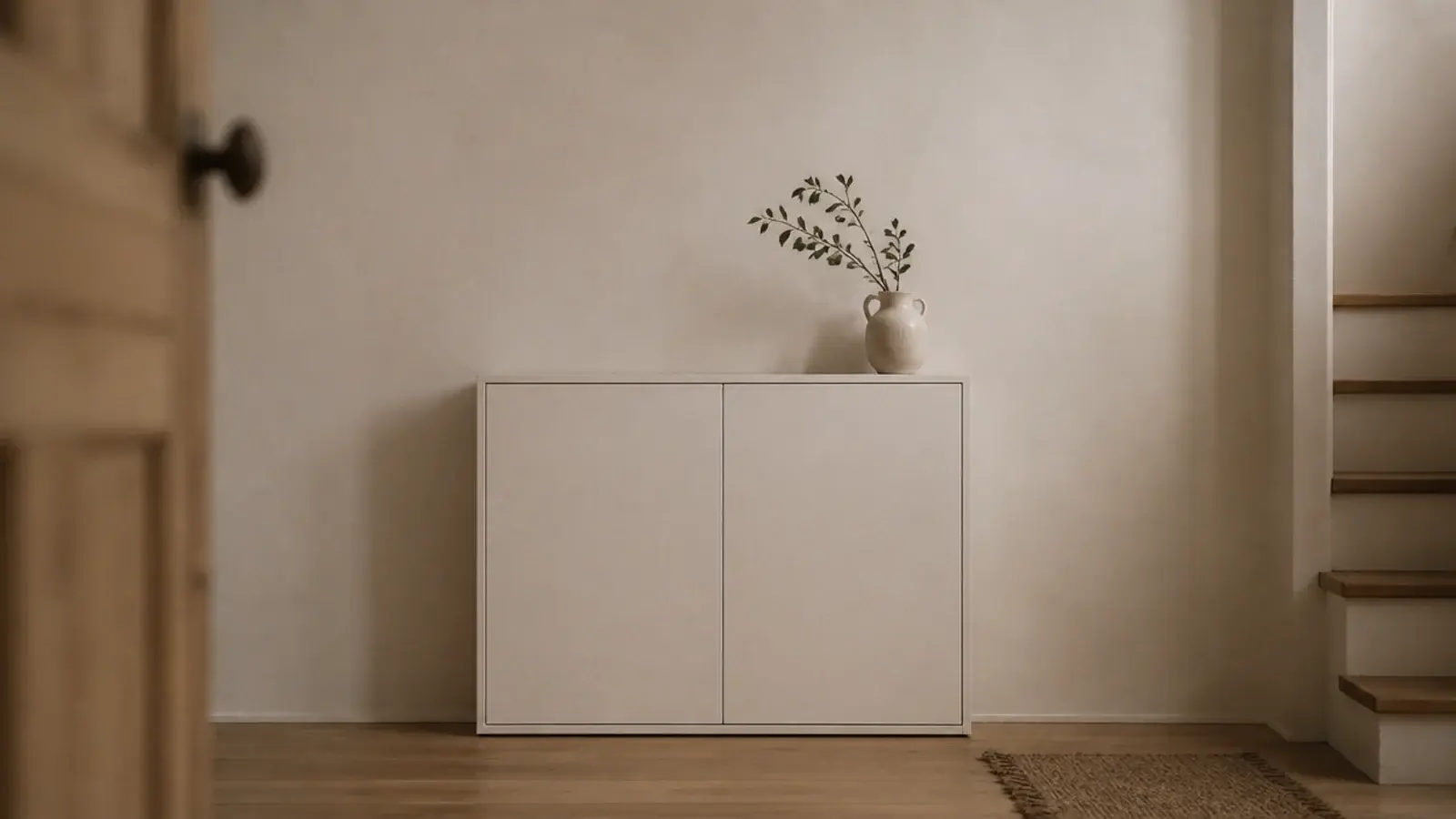 shoe cabinet painted the same cream as the small entryway wall behind