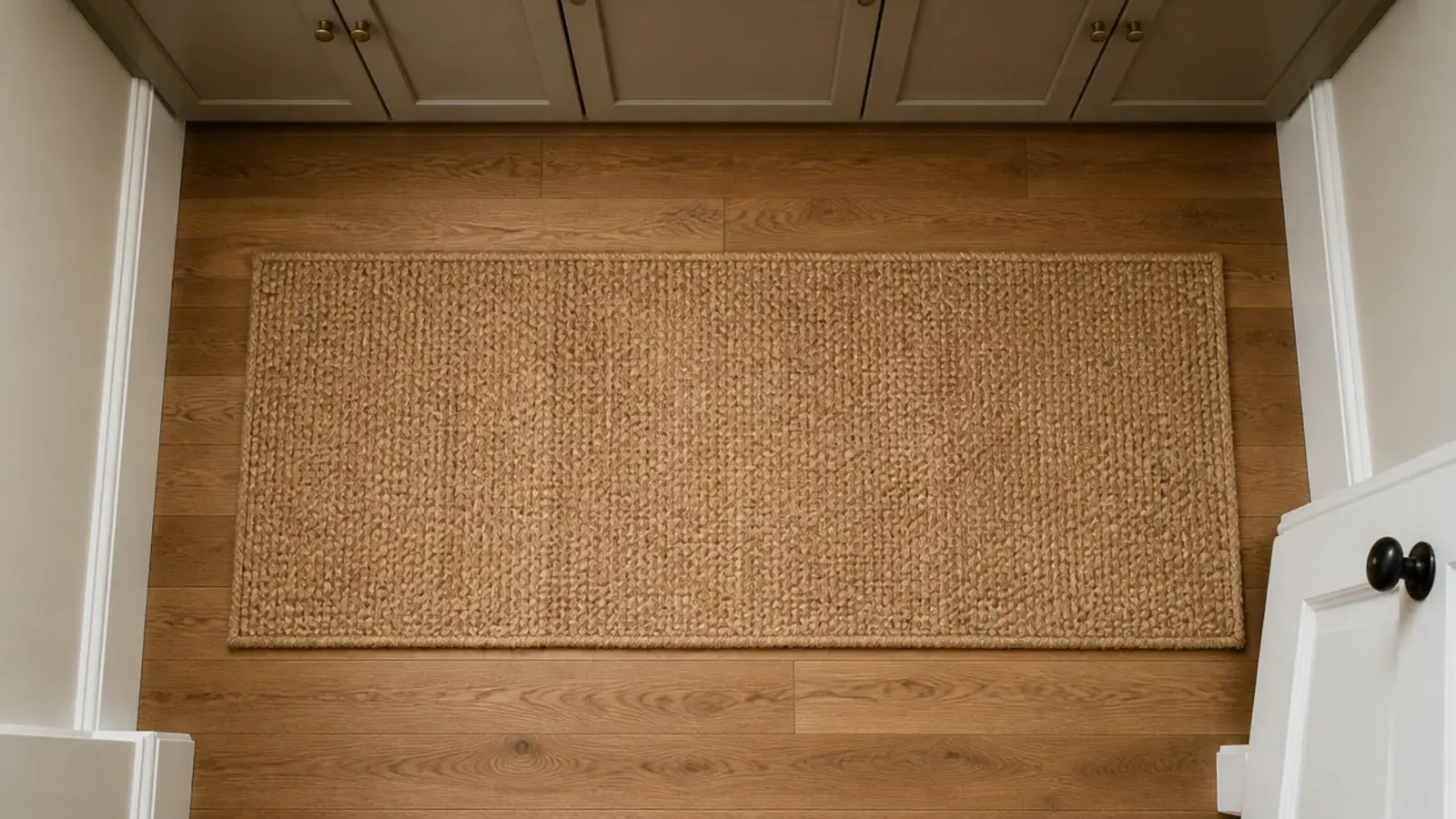 flat woven runner laid clear of a swinging door in a small entry