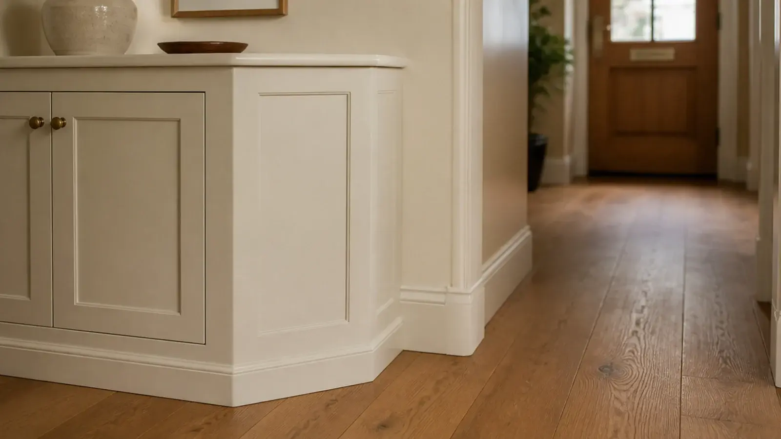 chamfered end corner on a shoe cabinet easing a tight entryway turn
