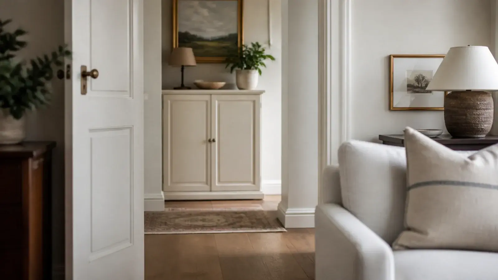view from a living room doorway toward a closed entryway shoe cabinet