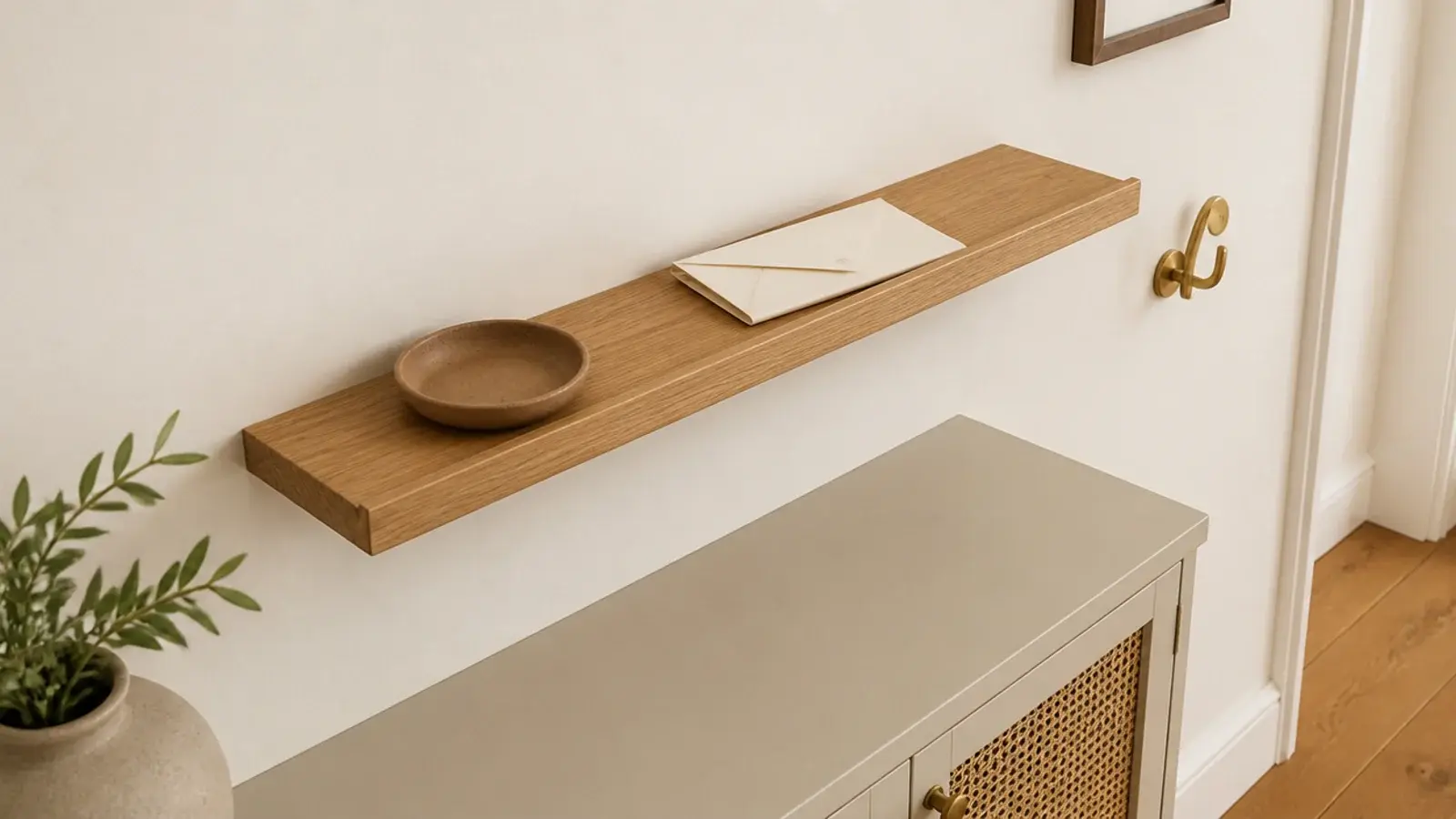 slim wall ledge above a shoe cabinet in a small entryway