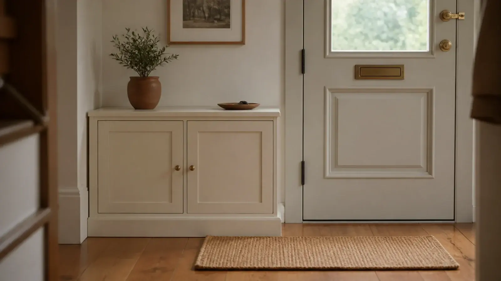 shoe cabinet in a small entryway sitting clear of the front door swing