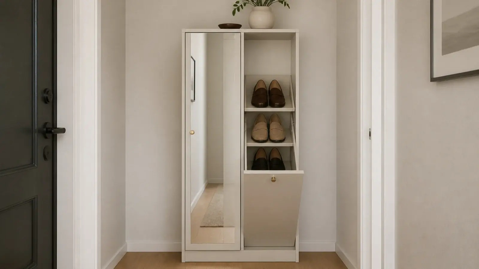 slim tilt out shoe cabinet with a tall mirror door in an entryway