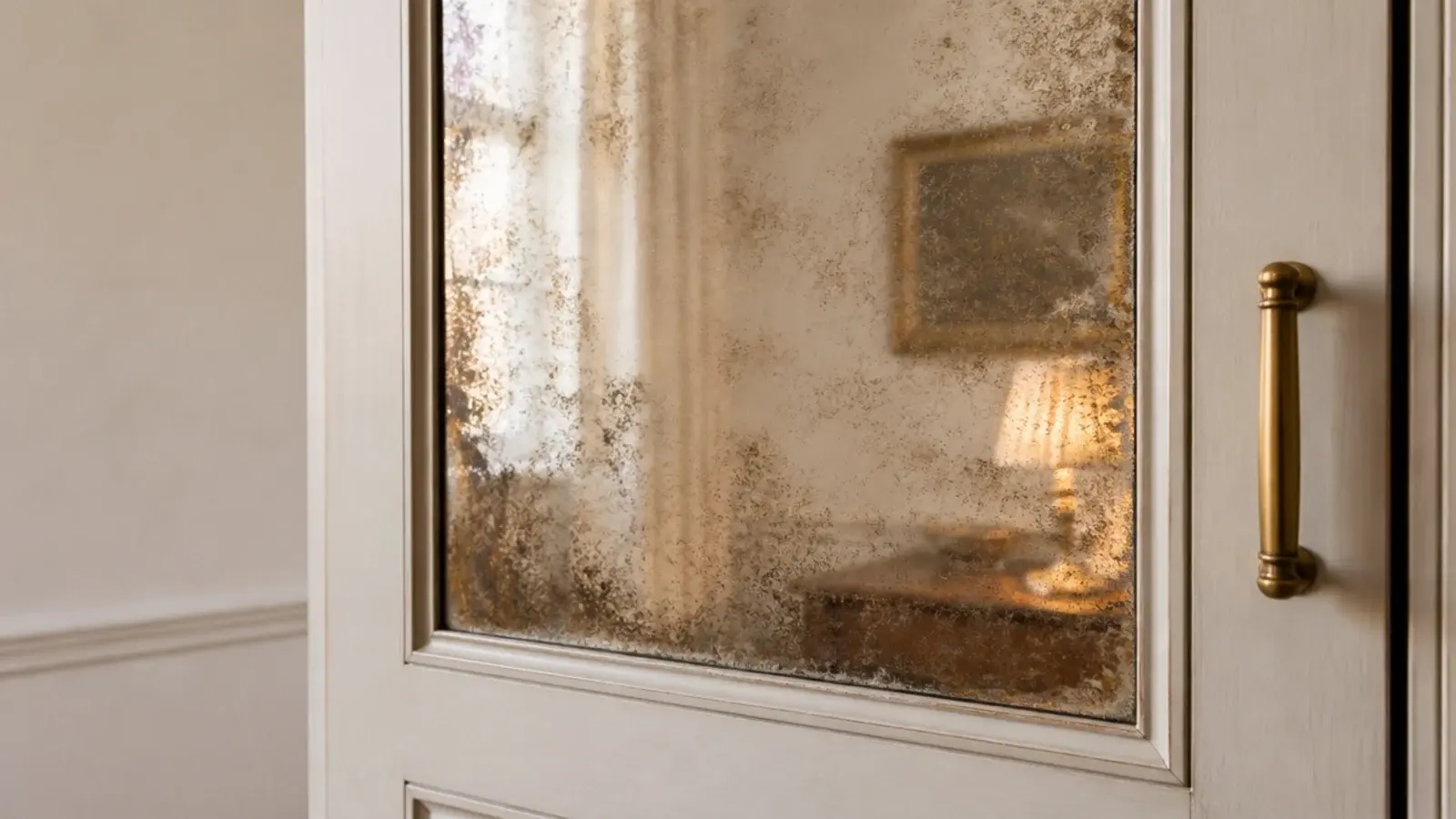 antiqued mirror panel on a shoe cabinet door with soft mottled reflection