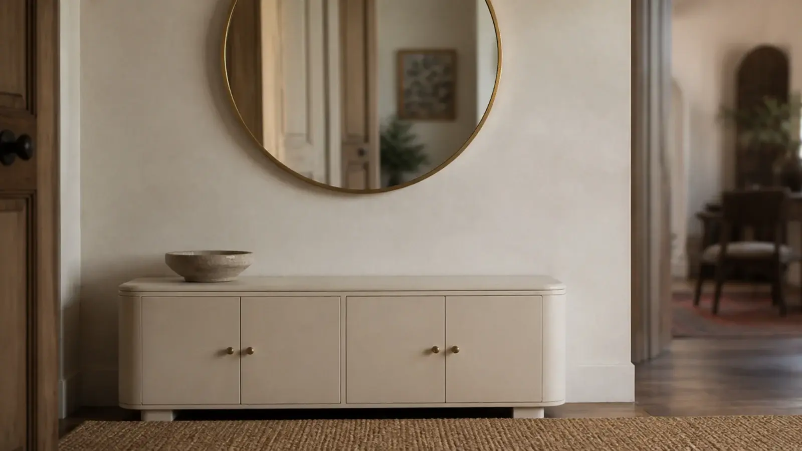round wall mirror hung above a low closed shoe cabinet in an entry