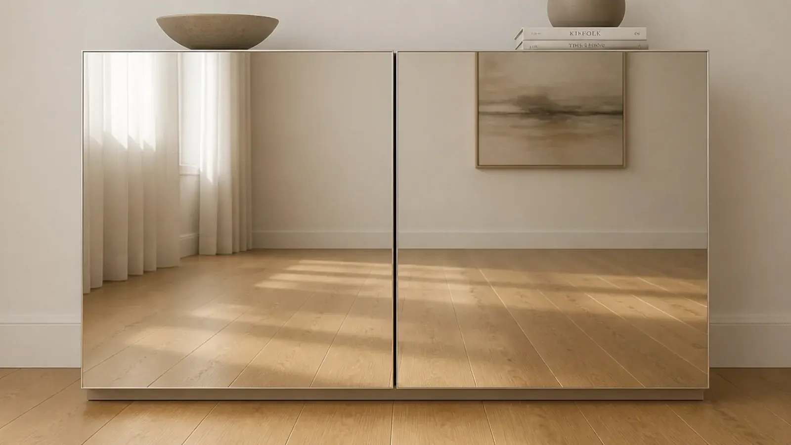 pair of mirror shoe cabinet doors meeting in a single narrow shadow gap