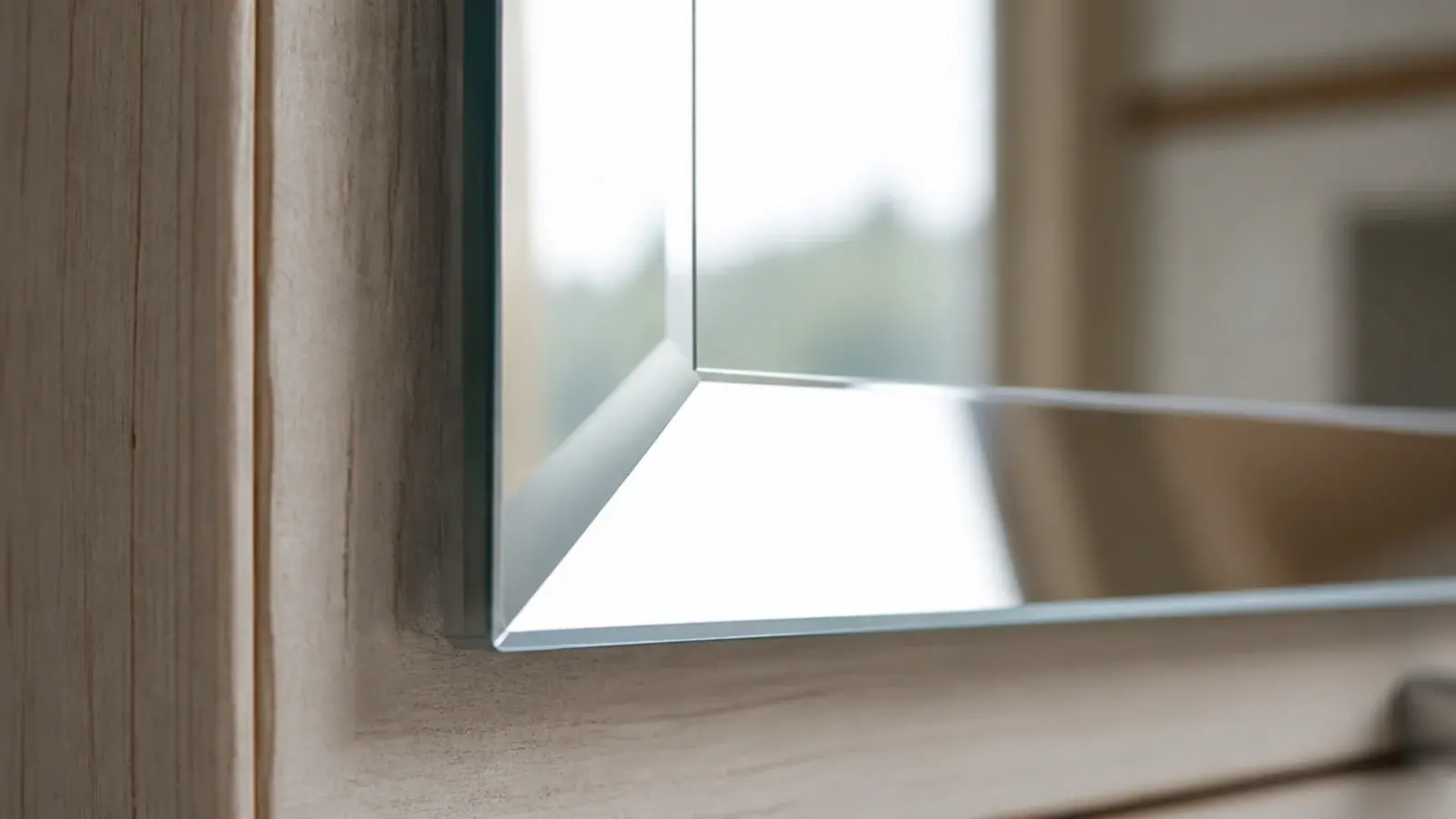 bevelled mirror edge catching light on the door of a shoe cabinet