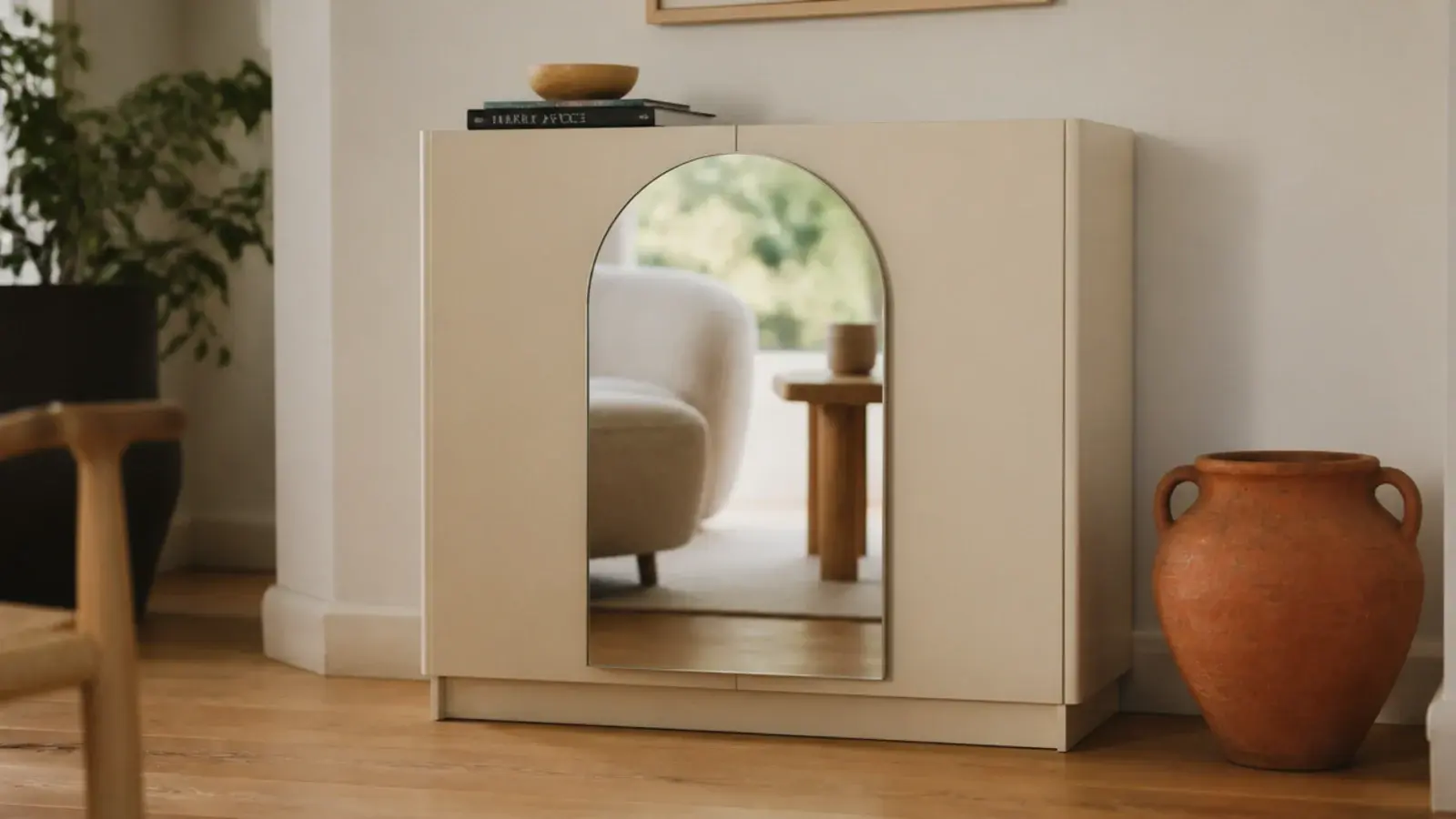 arched mirror panel fixed to the flat door of a hallway shoe cabinet