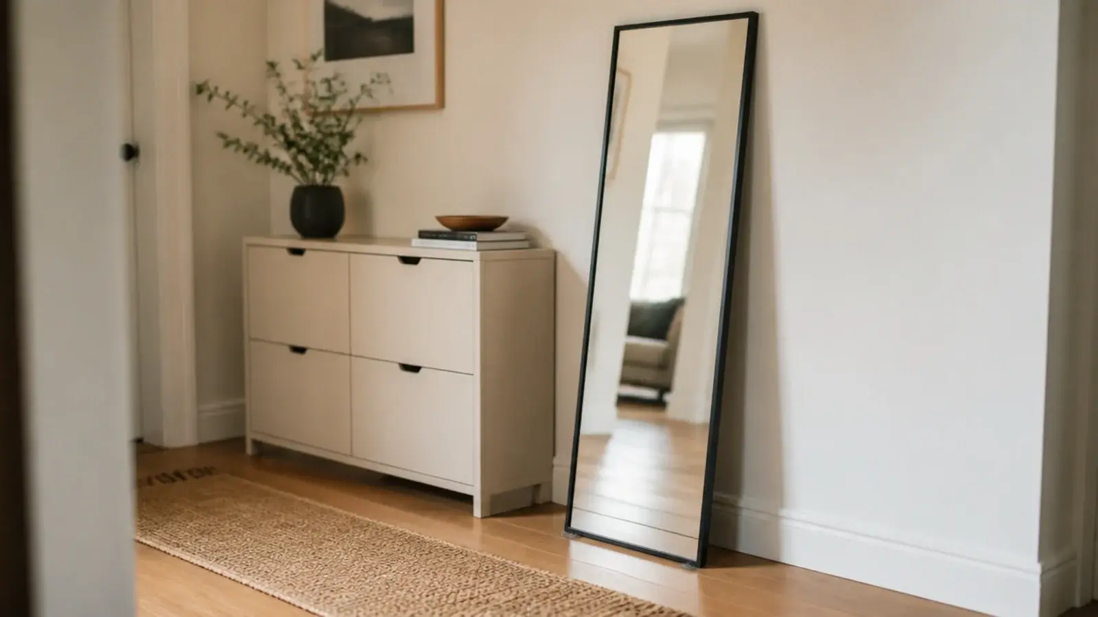 tall leaning mirror standing next to a closed low shoe cabinet