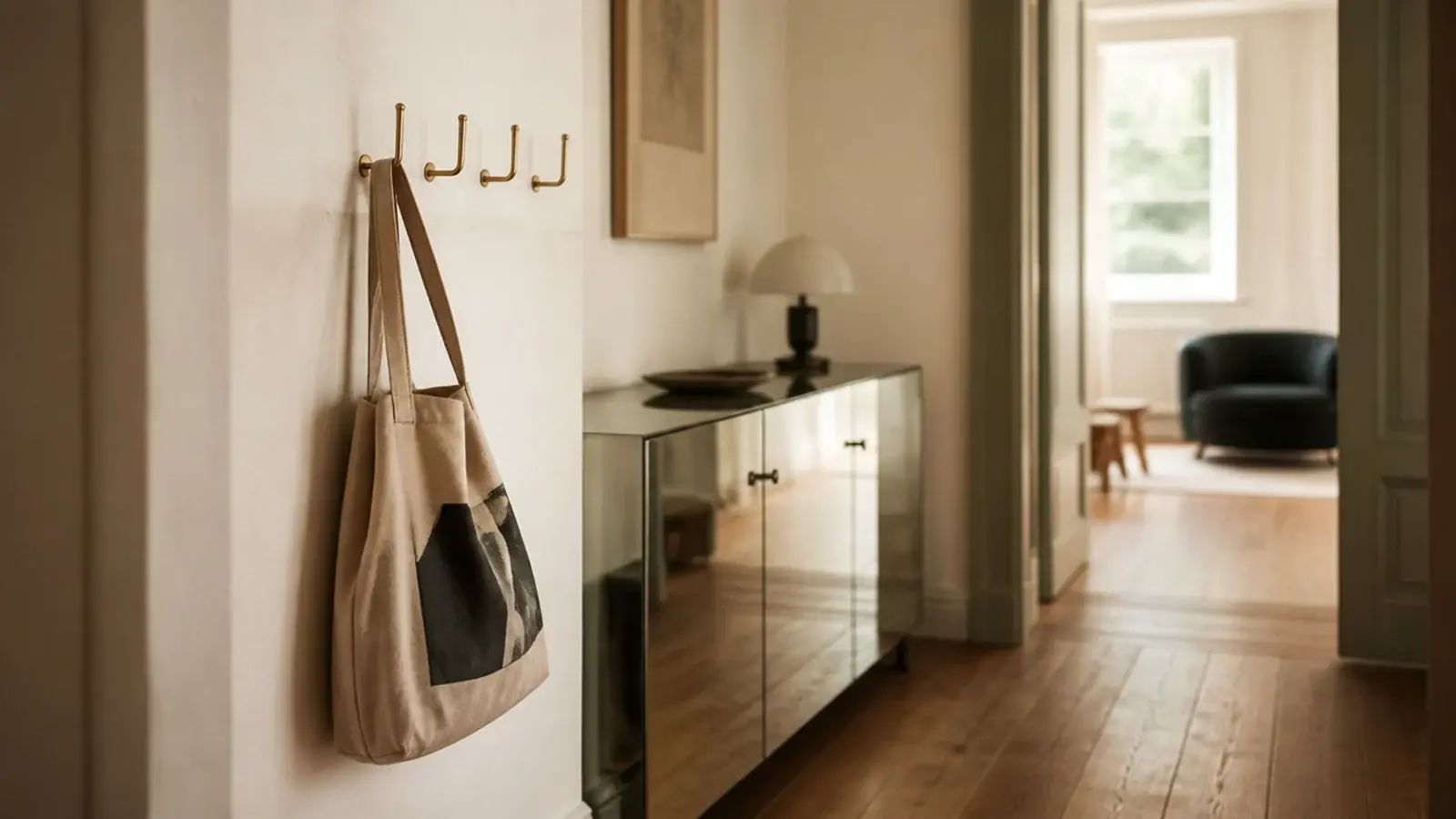 brass hooks mounted beside a mirrored shoe cabinet on an entry wall