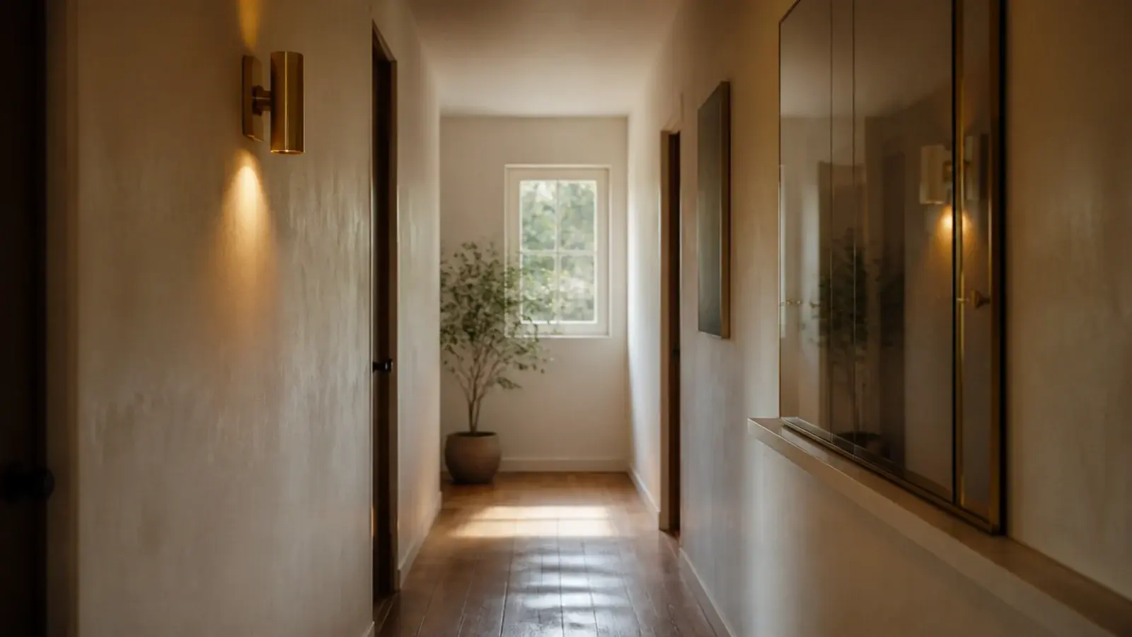 mirrored cabinet placed to reflect a hallway window and brass sconce