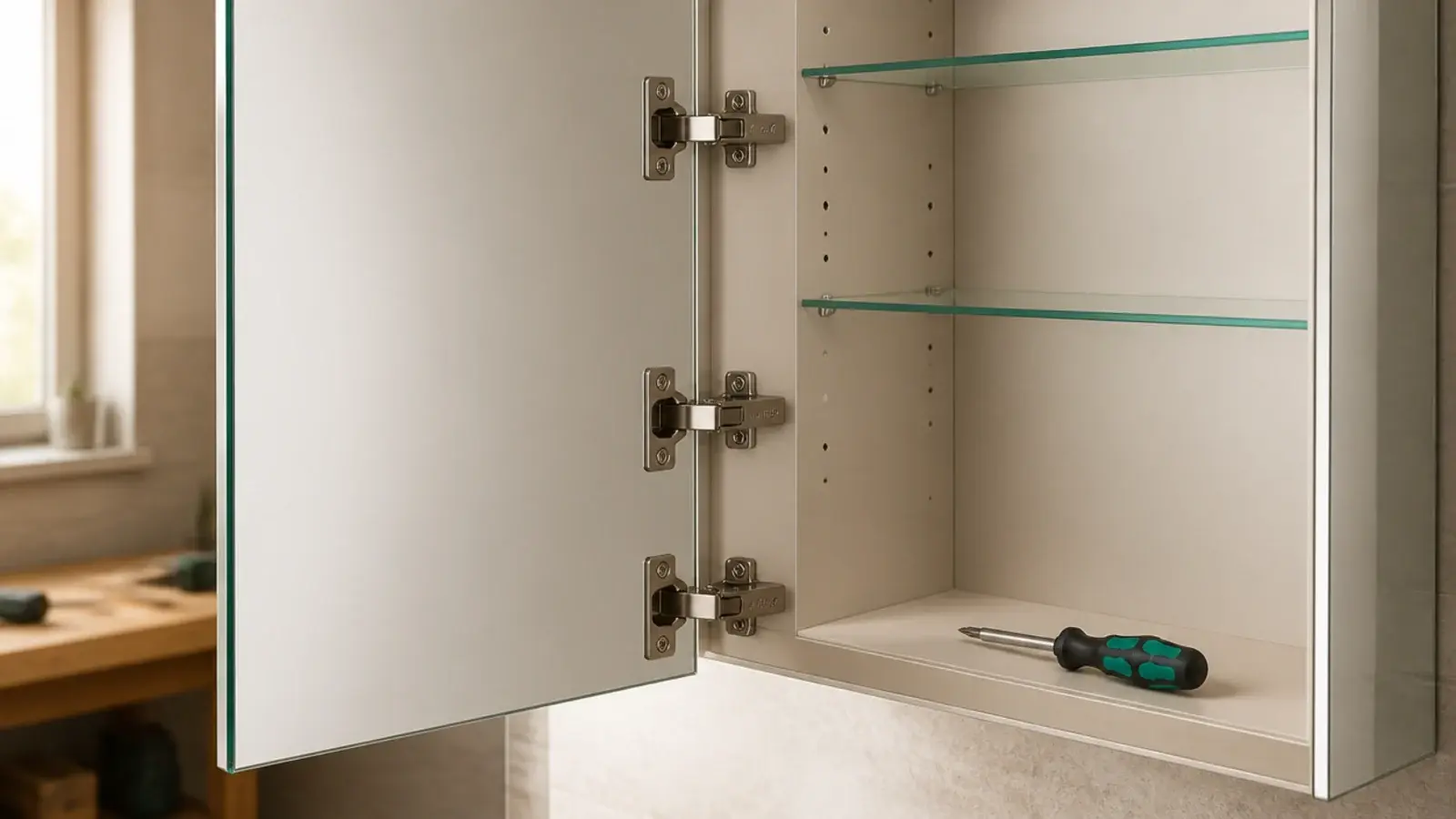 three concealed hinges fitted along the edge of a mirrored cabinet door