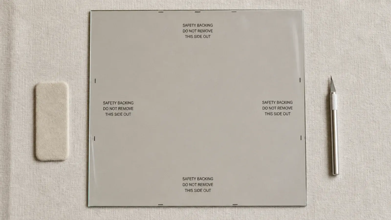 clear safety backing film applied behind a mirror shoe cabinet panel