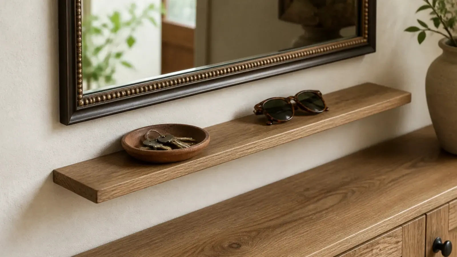 slim picture ledge fixed below a mirror above a hallway shoe cabinet