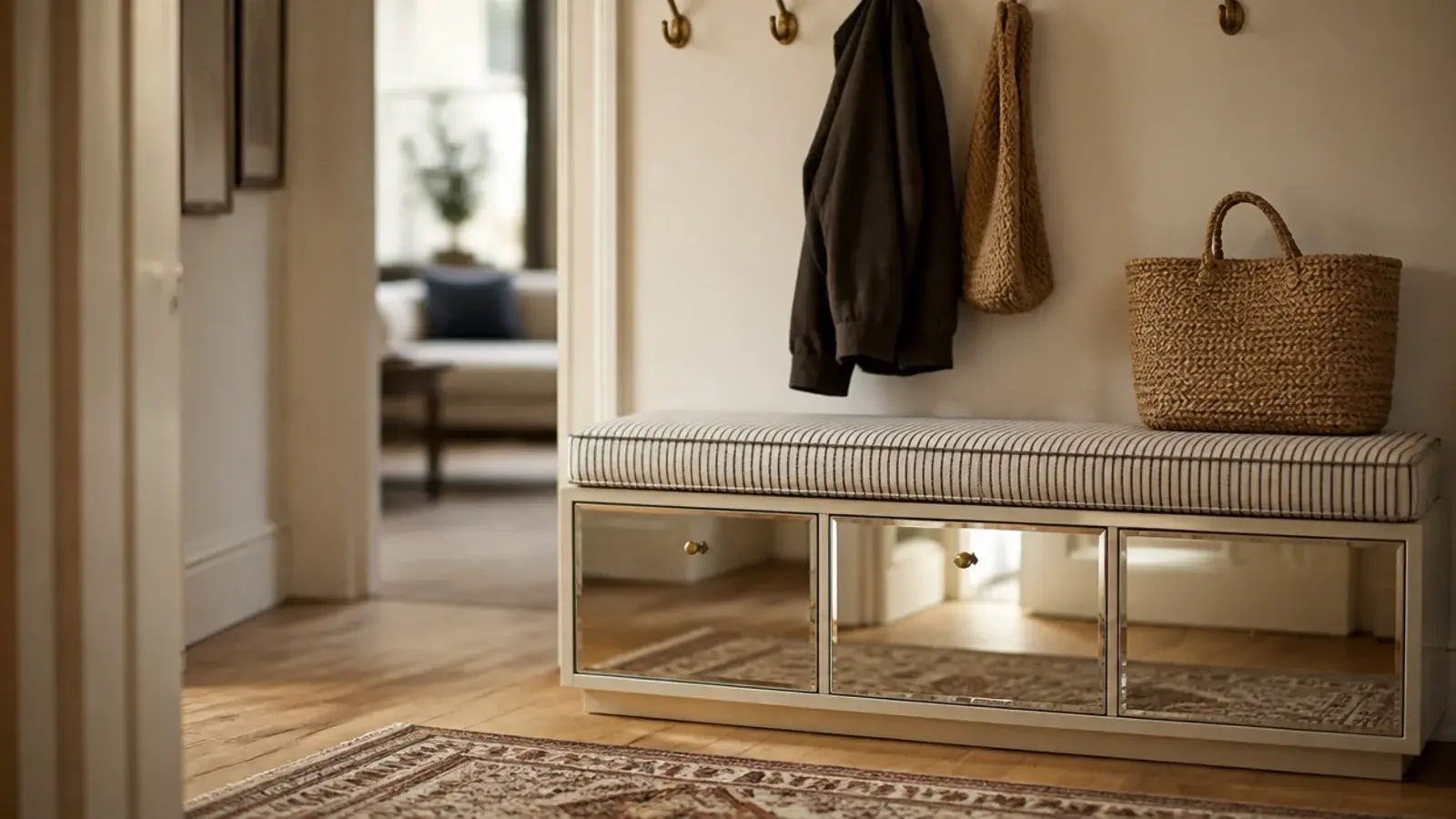 mirrored shoe cabinet at bench height with a linen cushion on top