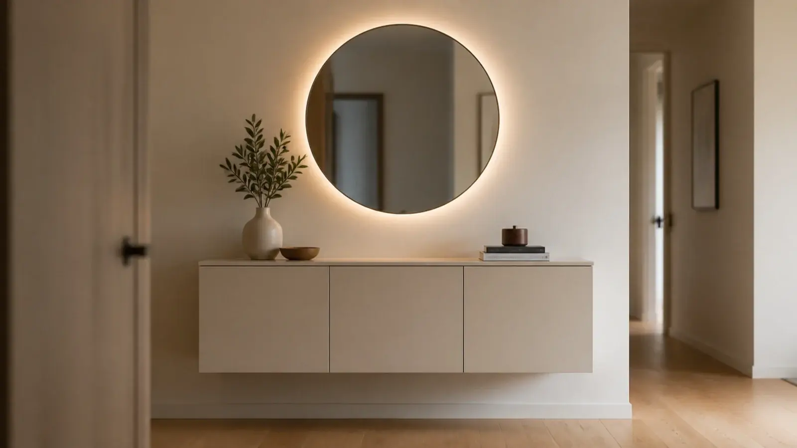backlit round mirror glowing above a floating mirrored shoe cabinet