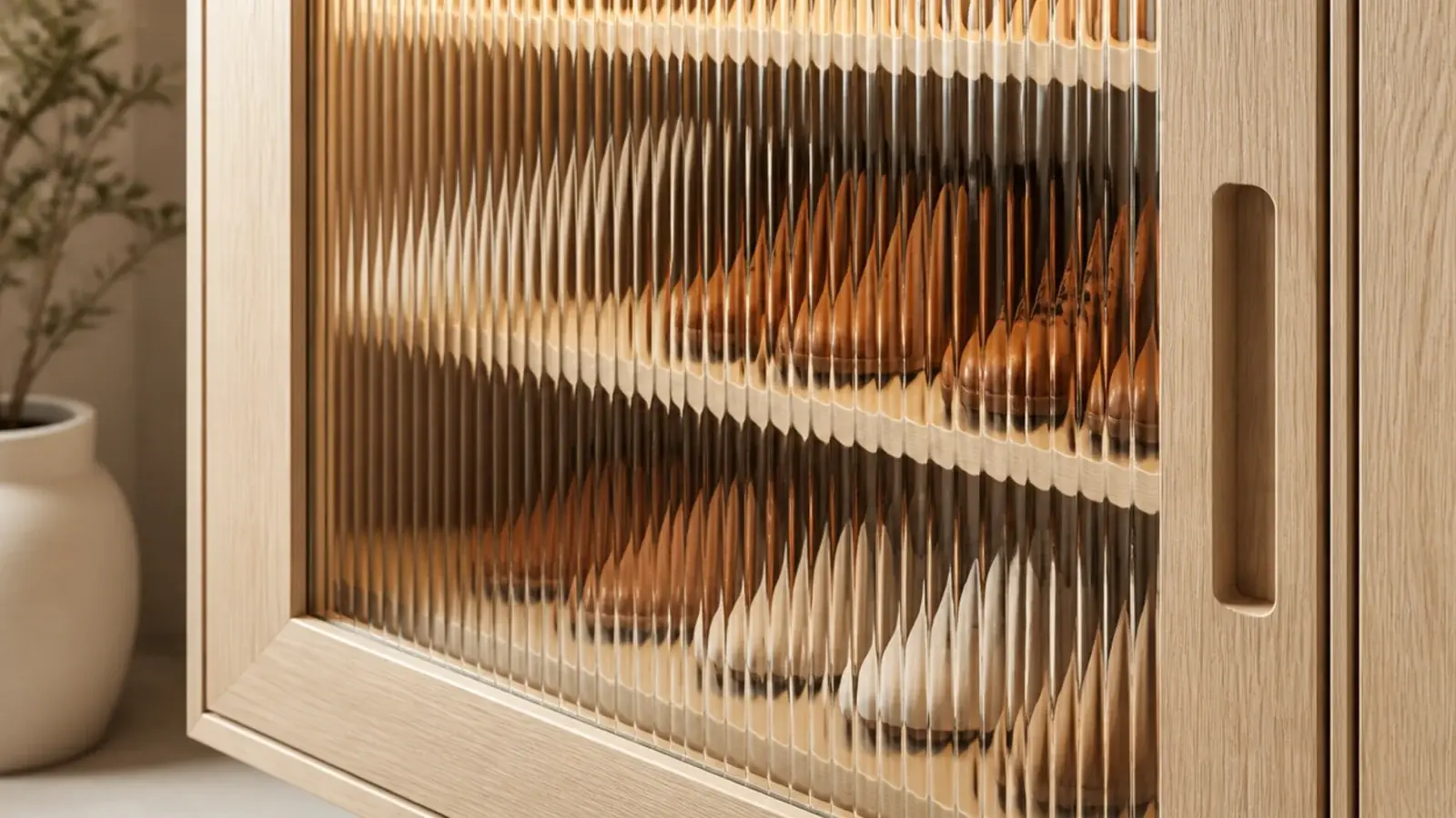 fluted reeded glass front on a shoe cabinet catching hallway light