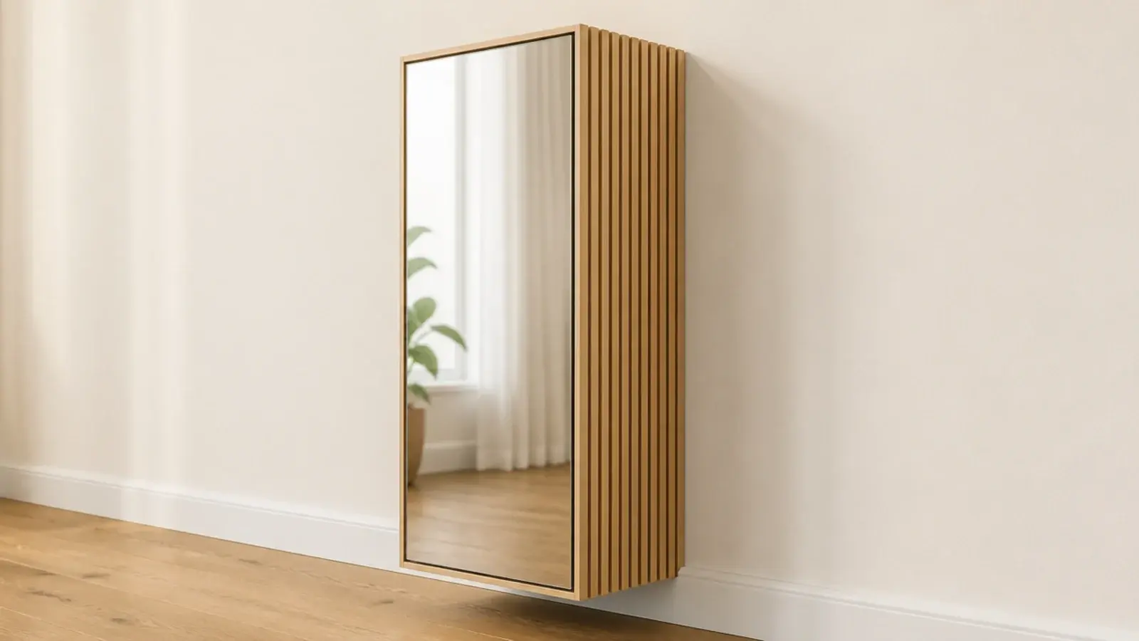 mirrored cabinet front with a slatted timber side panel for ventilation