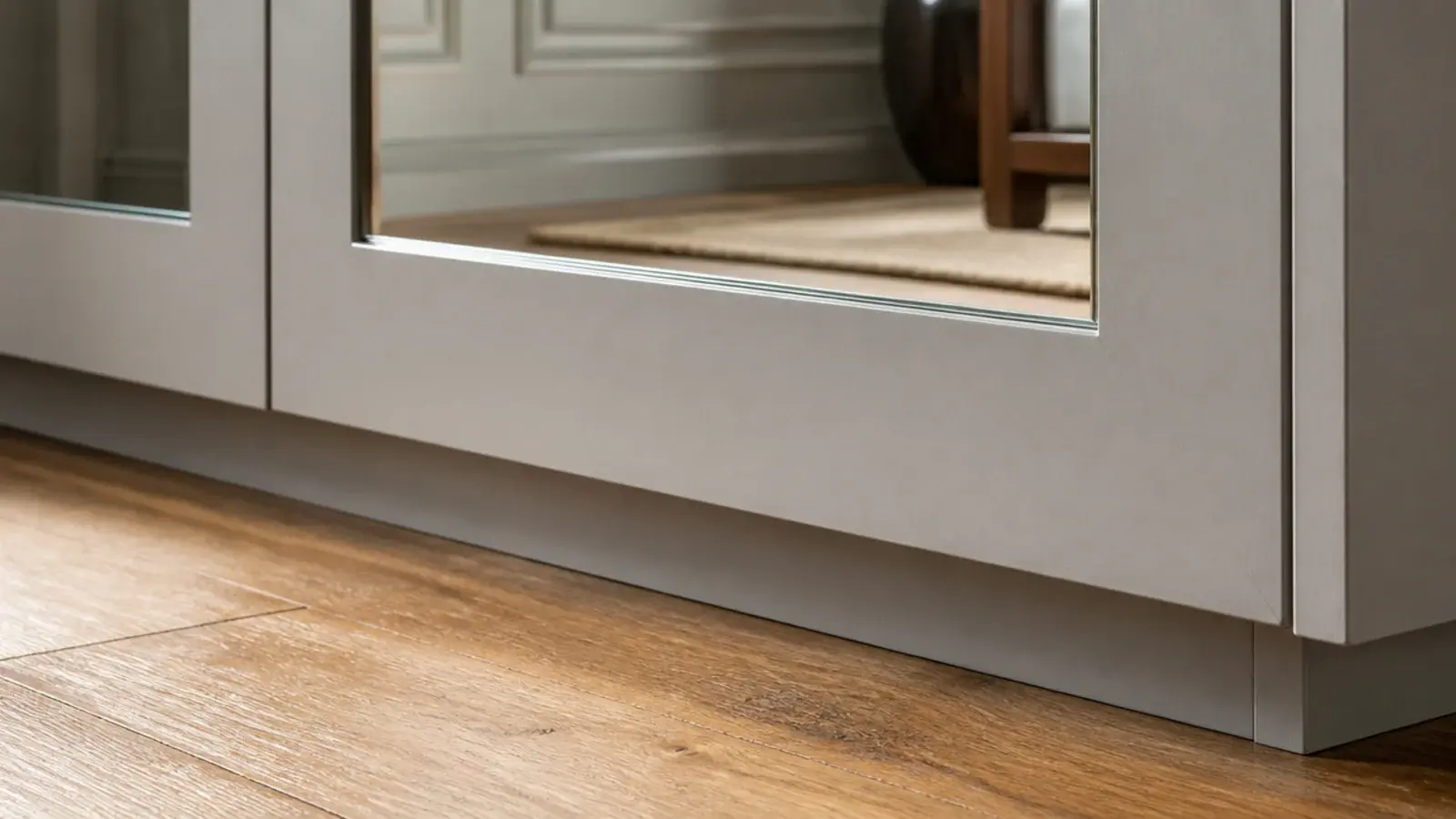 mirror panel stopping short above the painted plinth of a shoe cabinet