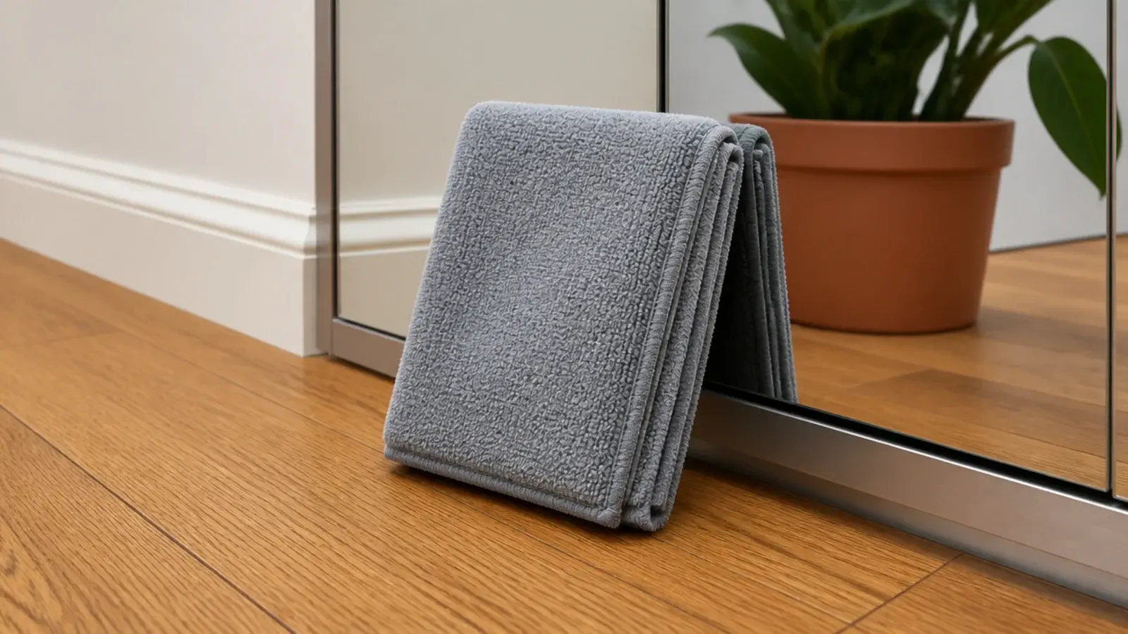 folded microfibre cloth resting on the mirrored door of a shoe cabinet