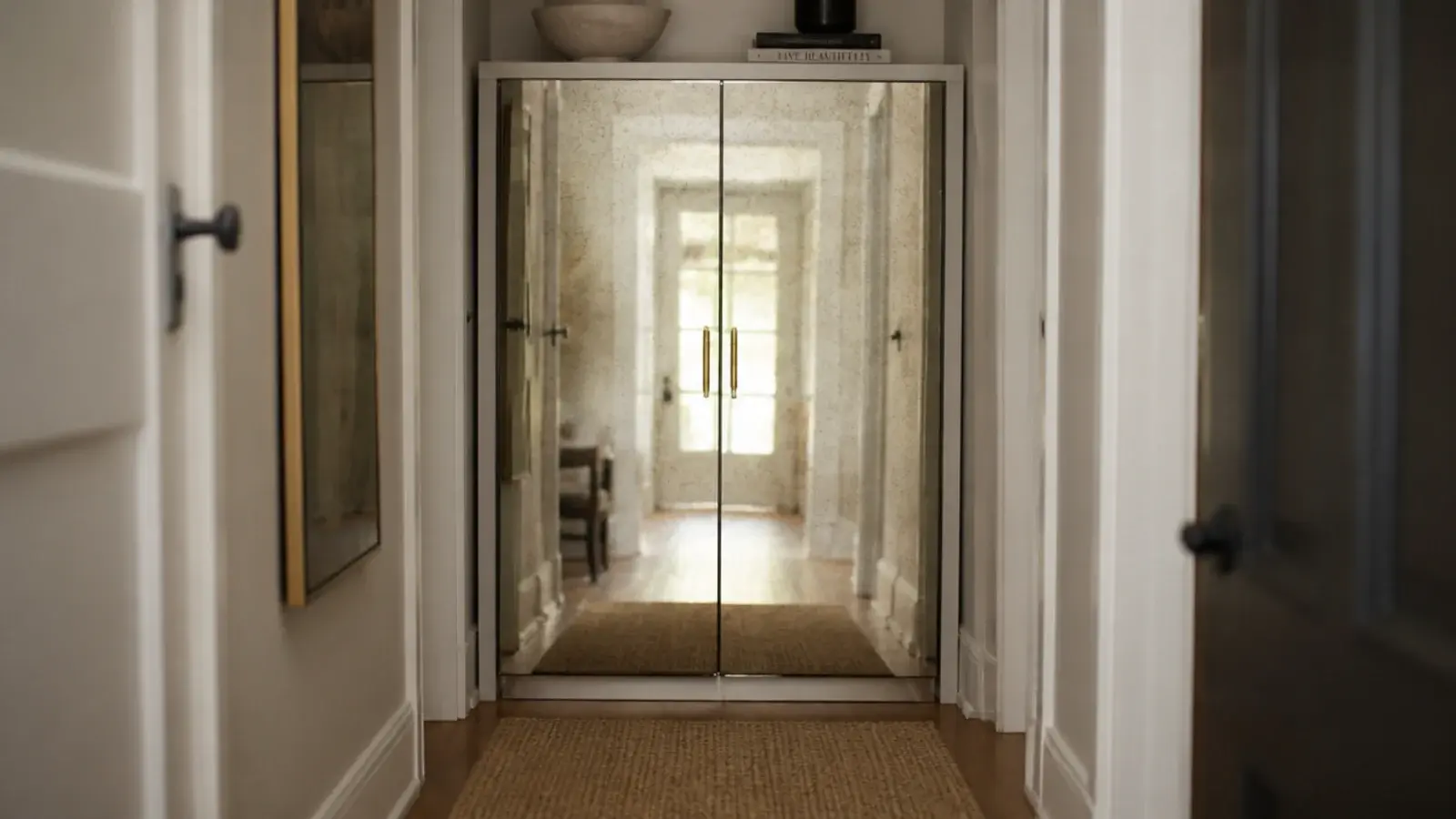shoe cabinet with mirror doors reflecting light in a narrow cream hallway