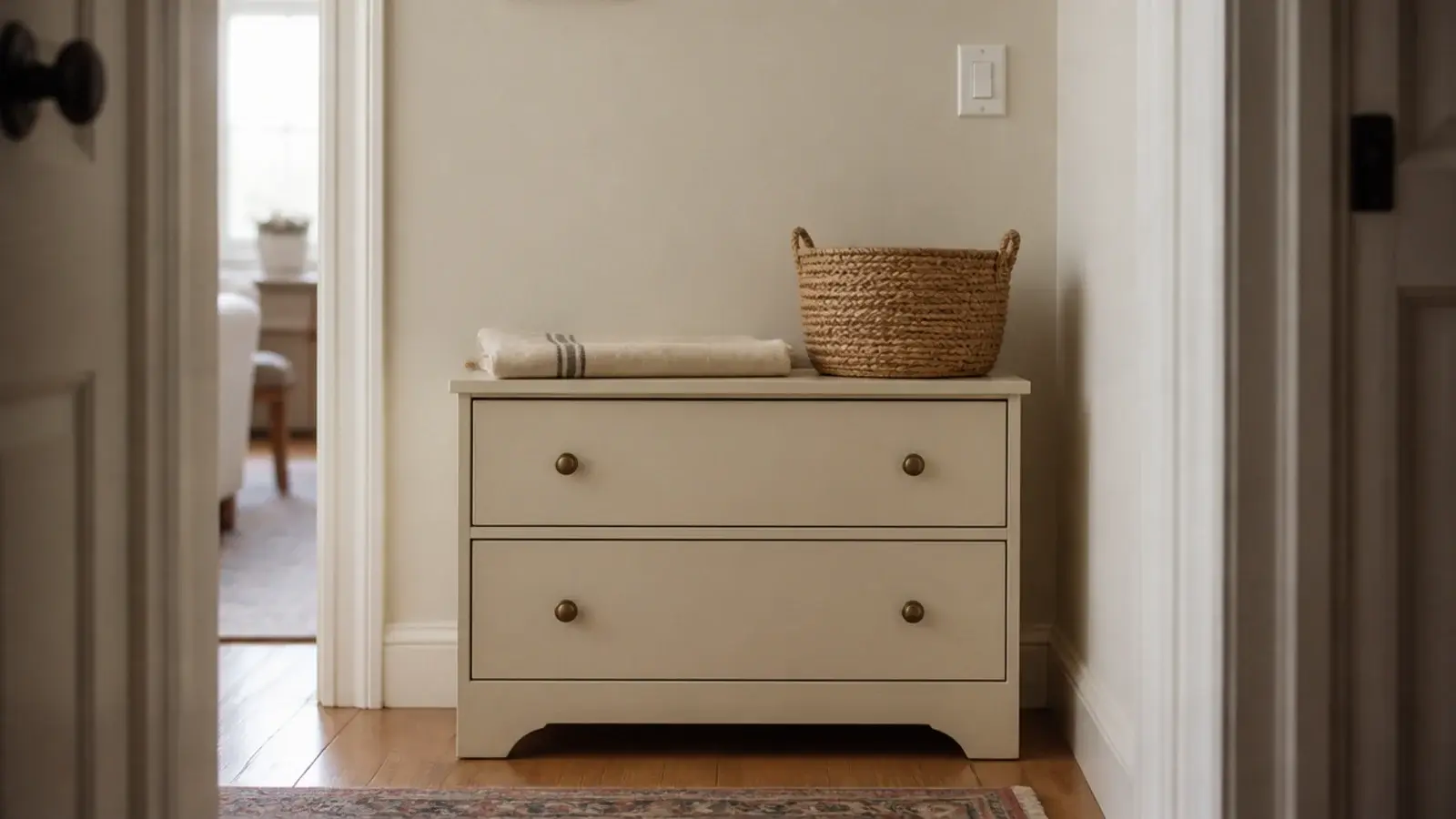 low two drawer slim shoe cabinet sitting under a hallway light switch