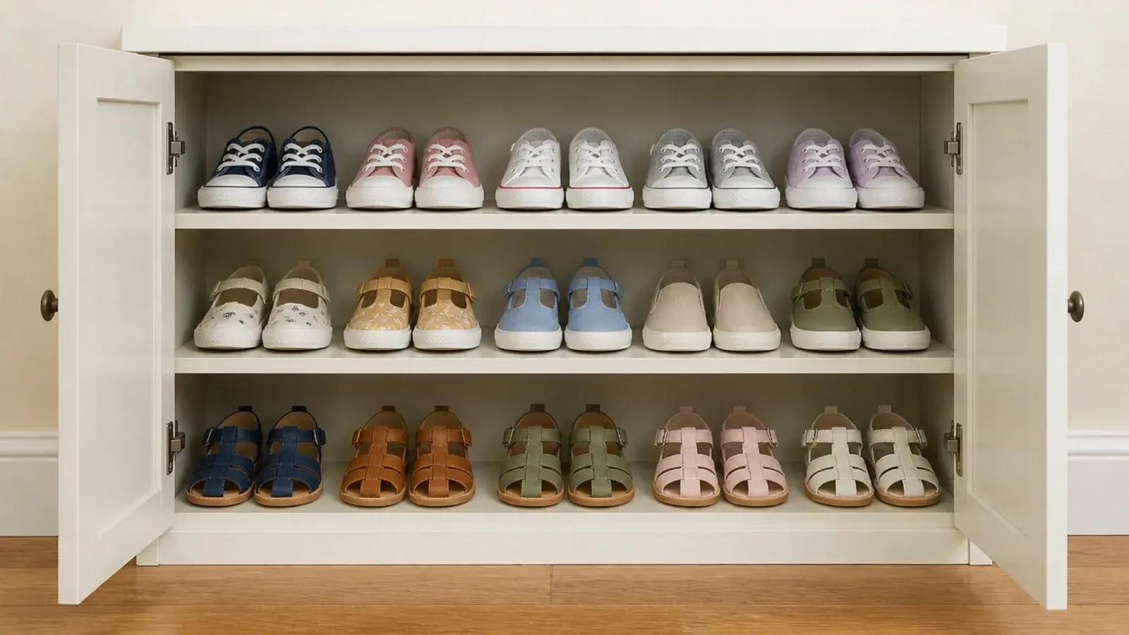 shallow shoe cabinet shelves holding rows of small childrens shoes