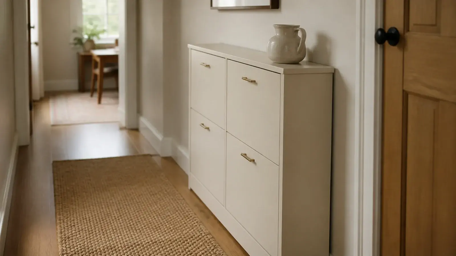 slim shoe cabinet nine inches deep against a narrow hallway wall with brass pulls