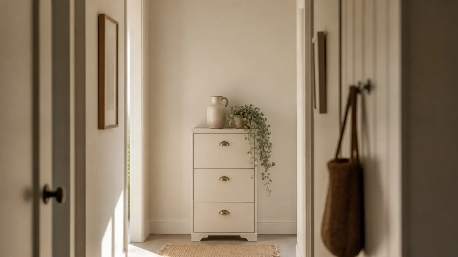 vertical narrow hallway view of a slim shoe cabinet with brass pulls