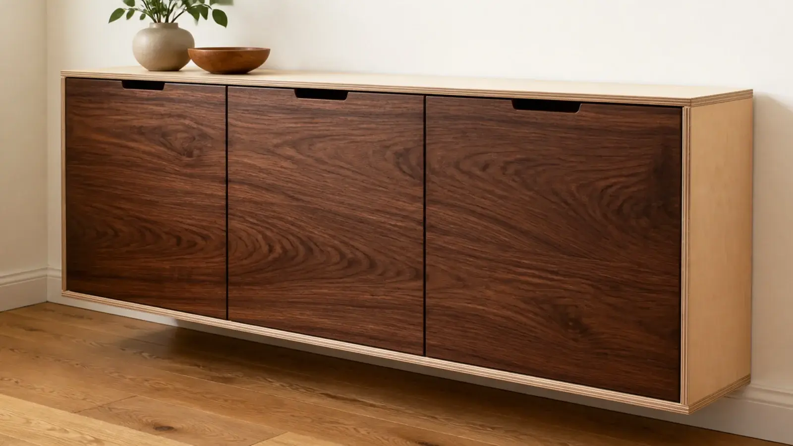 dark walnut door fronts fitted to a pale plywood shoe cabinet carcass