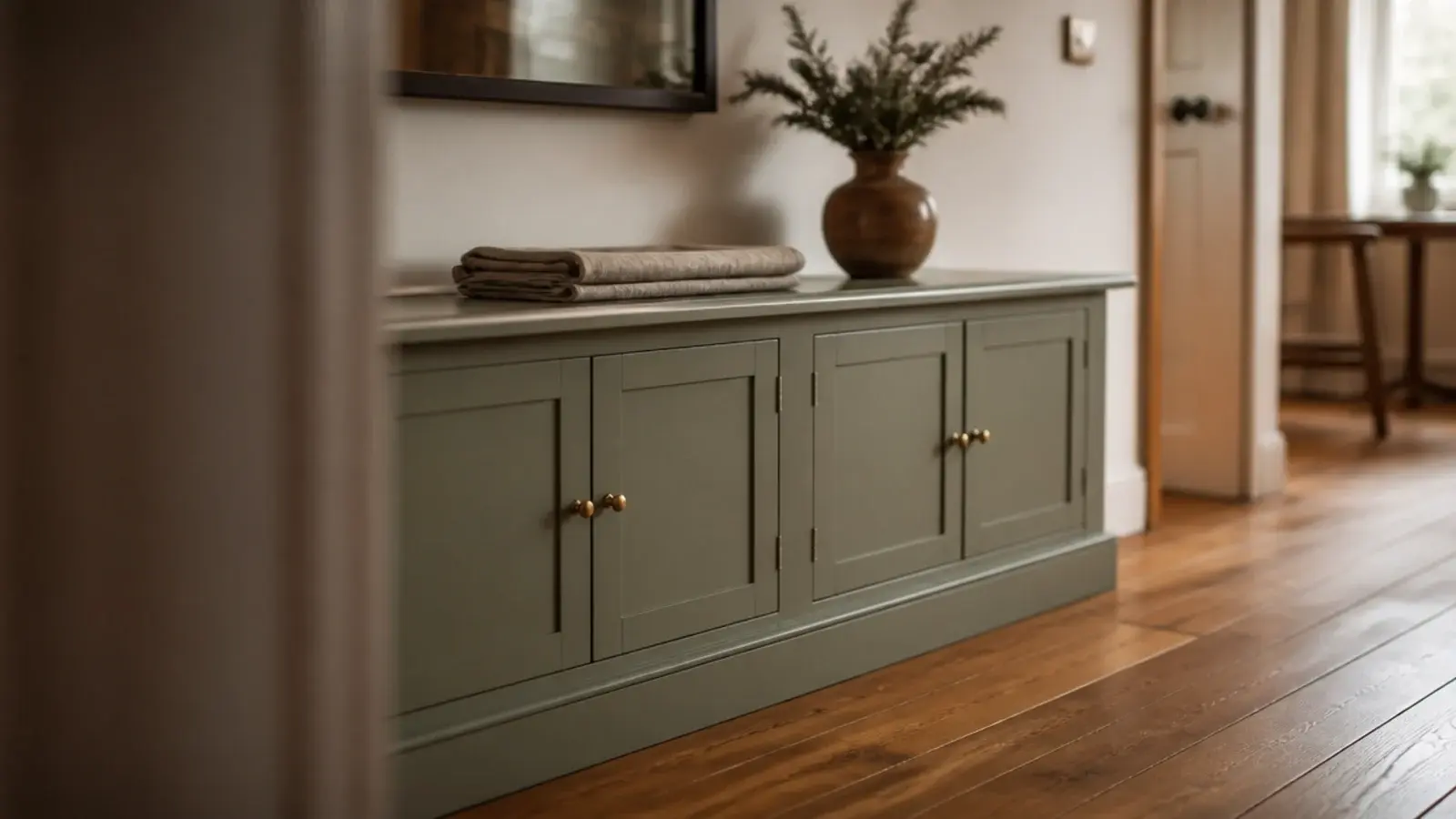 knotted pine shoe cabinet finished in soft painted sage in a hallway