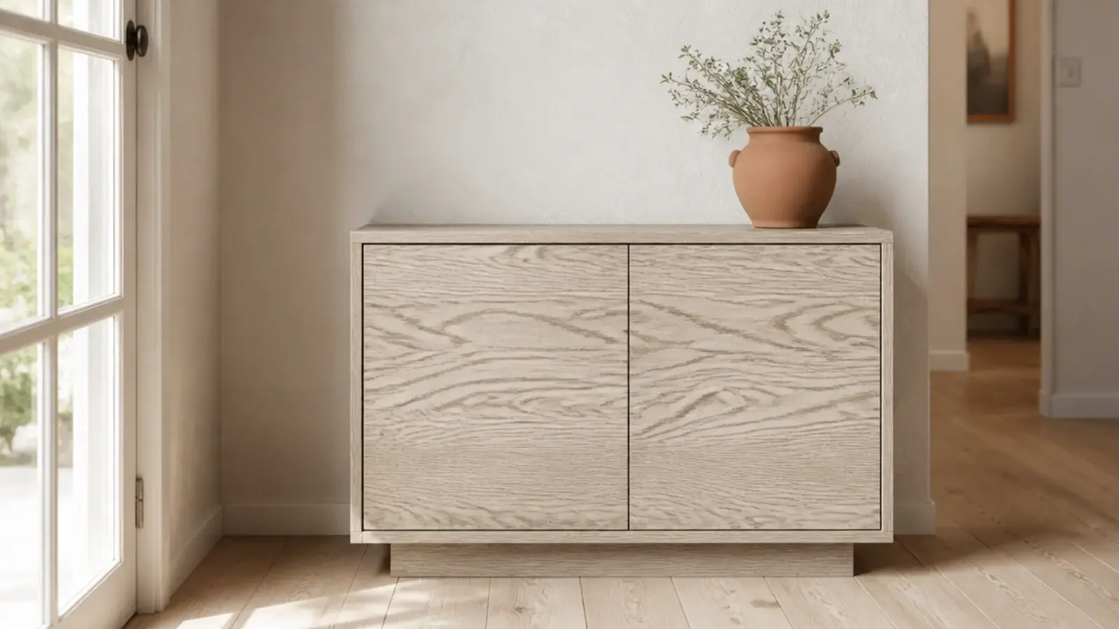 pale ash shoe cabinet with open bold grain in a bright entryway