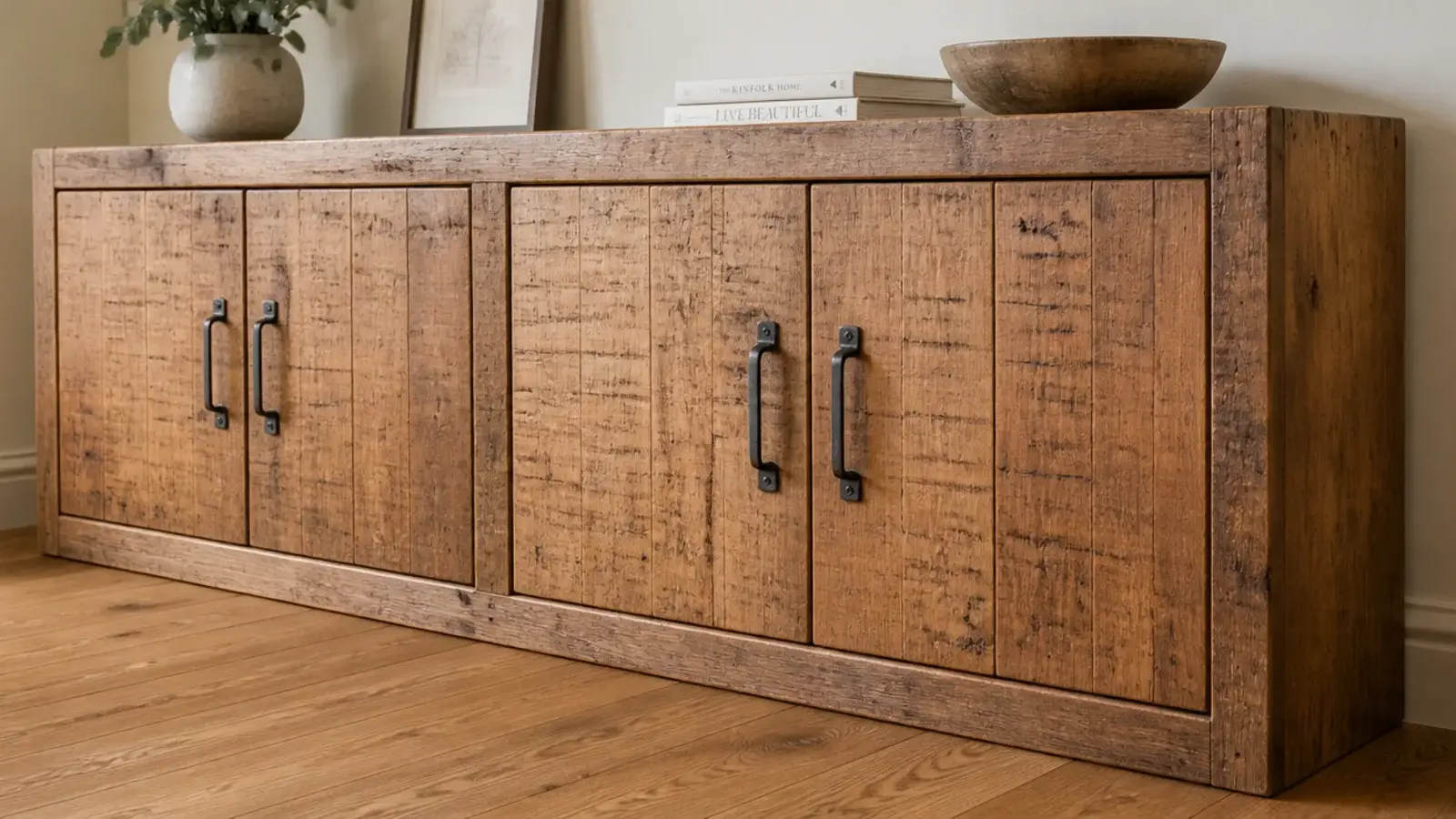 reclaimed scaffold board door fronts on a chunky wooden shoe cabinet