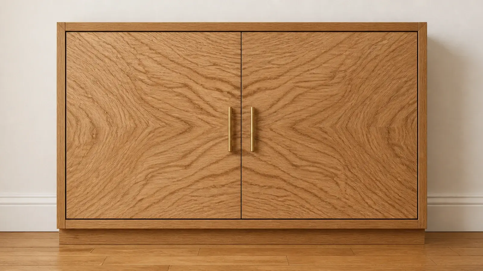 continuous oak grain running across two adjacent shoe cabinet doors