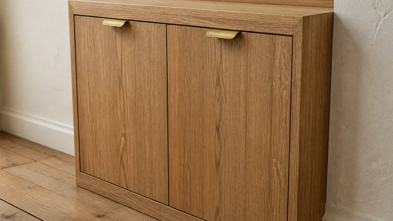 vertical oak grain stretching the fronts of a low wooden shoe cabinet