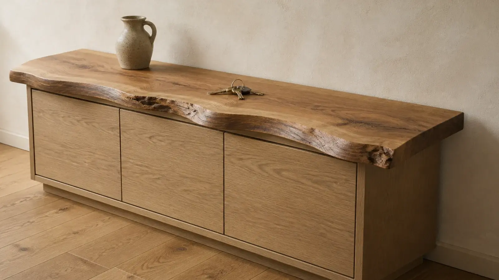 live edge timber slab top resting on a wooden shoe cabinet carcass