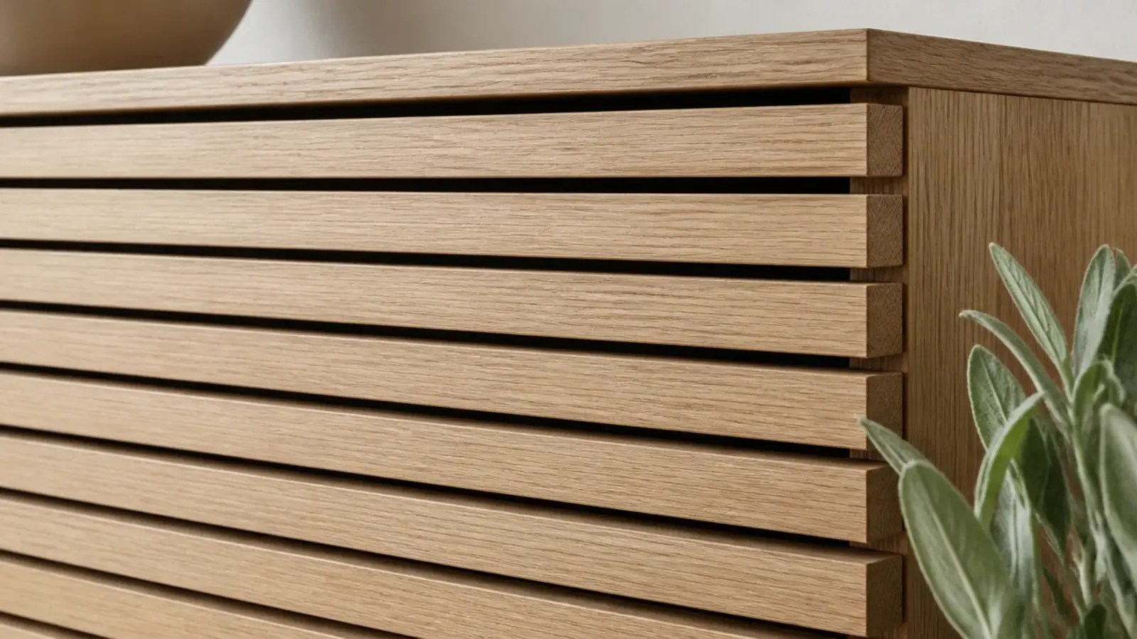 horizontal oak slatted doors ventilating a wooden shoe cabinet front