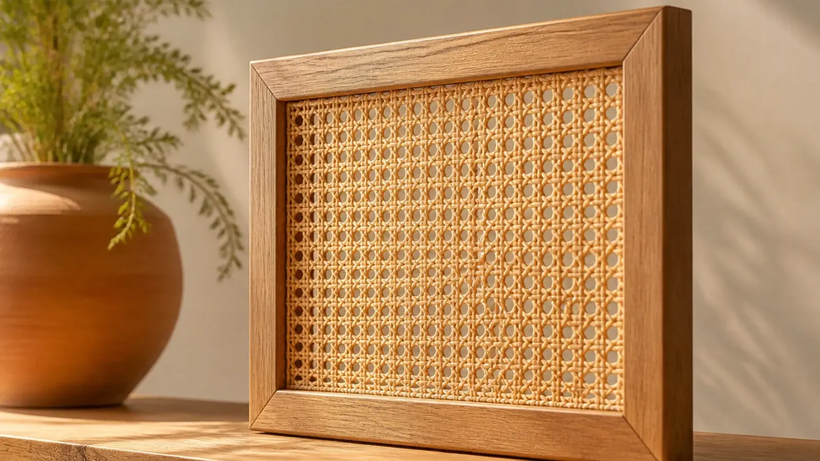 woven cane panel set into an oak shoe cabinet door frame