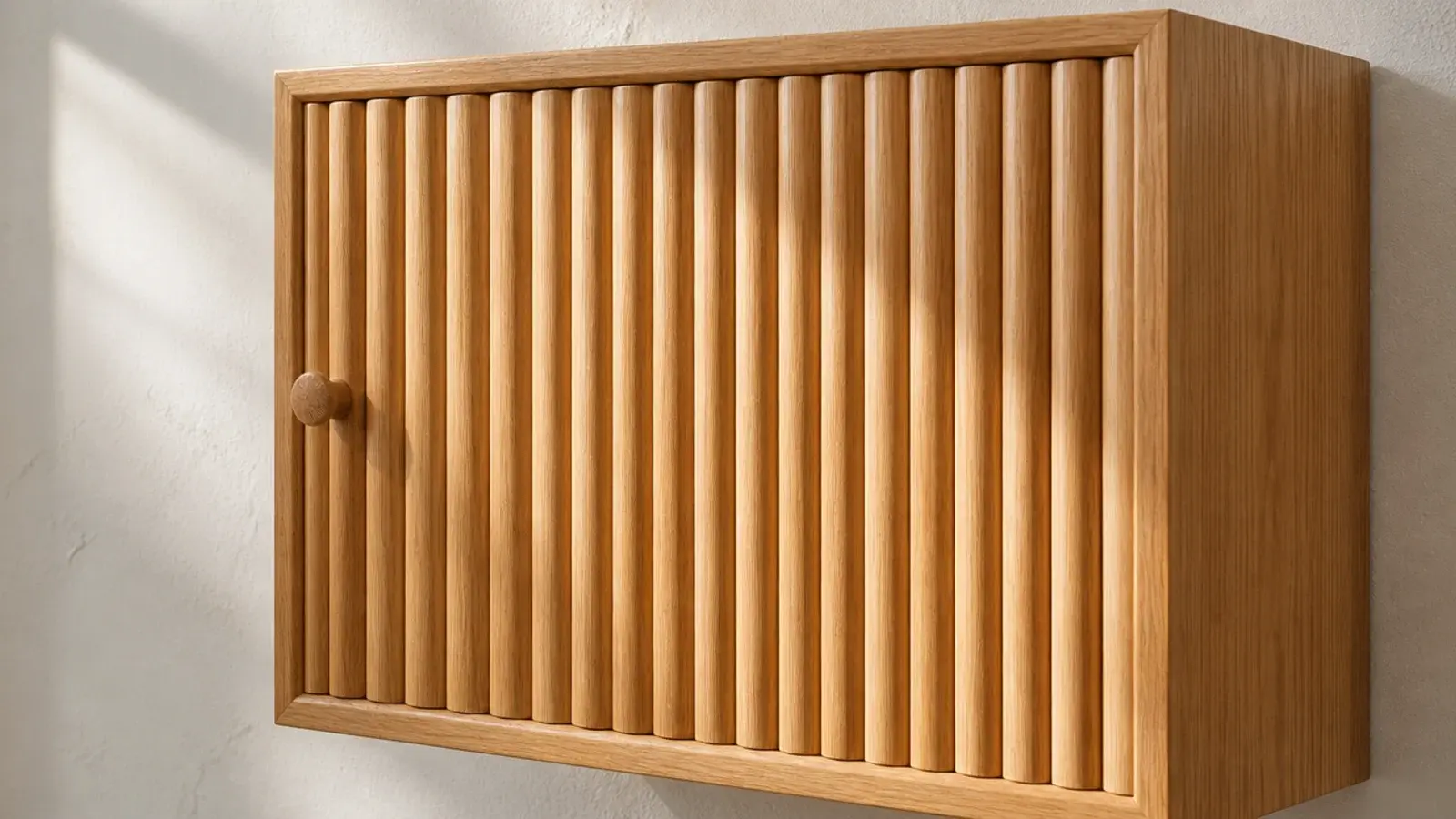half round timber dowels fluting the front of a wooden shoe cabinet