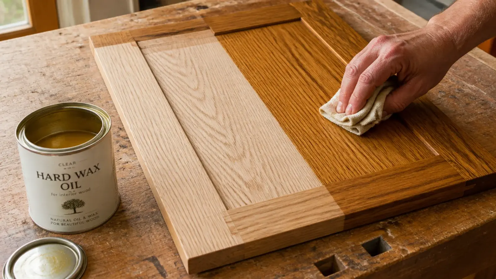 hardwax oil being wiped into the grain of a wooden shoe cabinet door