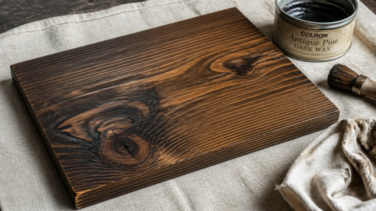 dark wax being buffed into the open grain of a pine cabinet panel