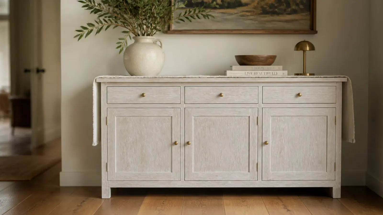 whitewashed timber shoe cabinet with grain still showing through